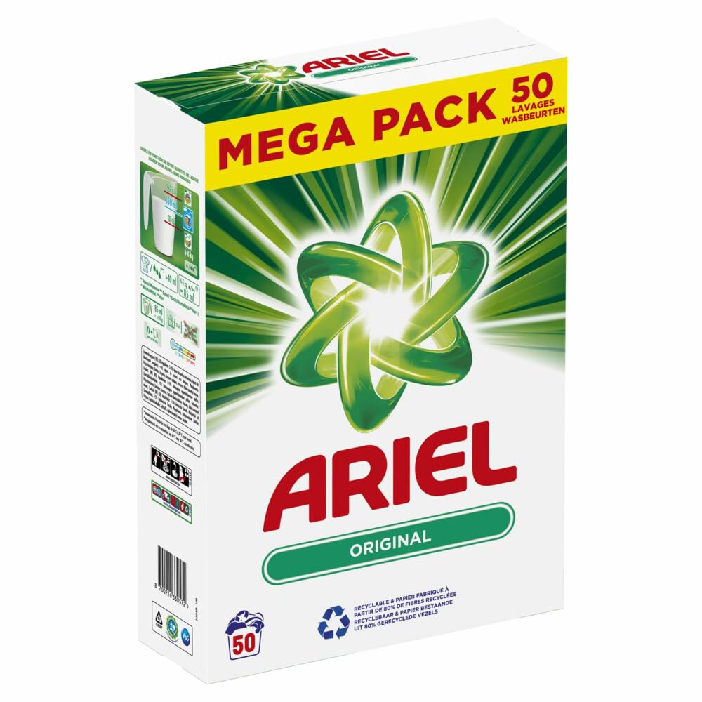 Ariel Lessive Poudre Détergent 3kg 50 Lavages, Couleur, Soins de Couleur Supplémentaires Avec Technologie Anti-Résidu