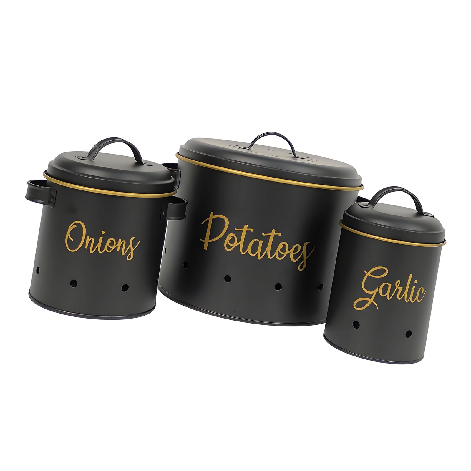 Hsyzygian 3Pcs Potato Onion Garlic Storage Bins Metal Storage Jars with Lid Kitchen Vegetable Container for Food Preservation Potato Onion Garlic Canister