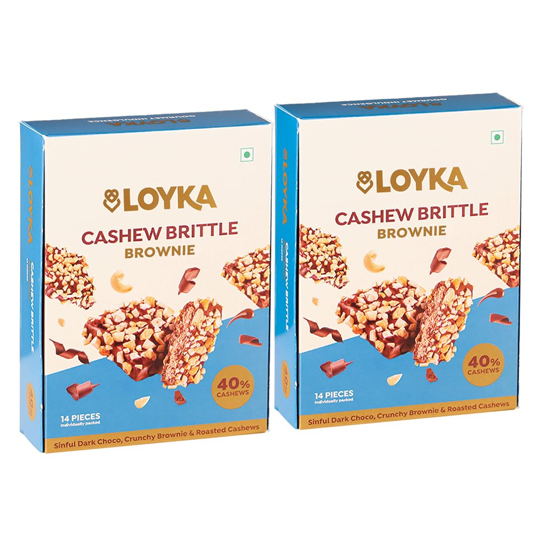 LOYKA Cashew Brittle Brownie Box - 14 Pcs X 2|Premium Chocolate Gift Hamper|Choco & Nut Dryfruit Delicacy|Roasted Cashewnut (45%), Crunchy Brownie & Dark Choco|Any-Time Snack,450 Gram