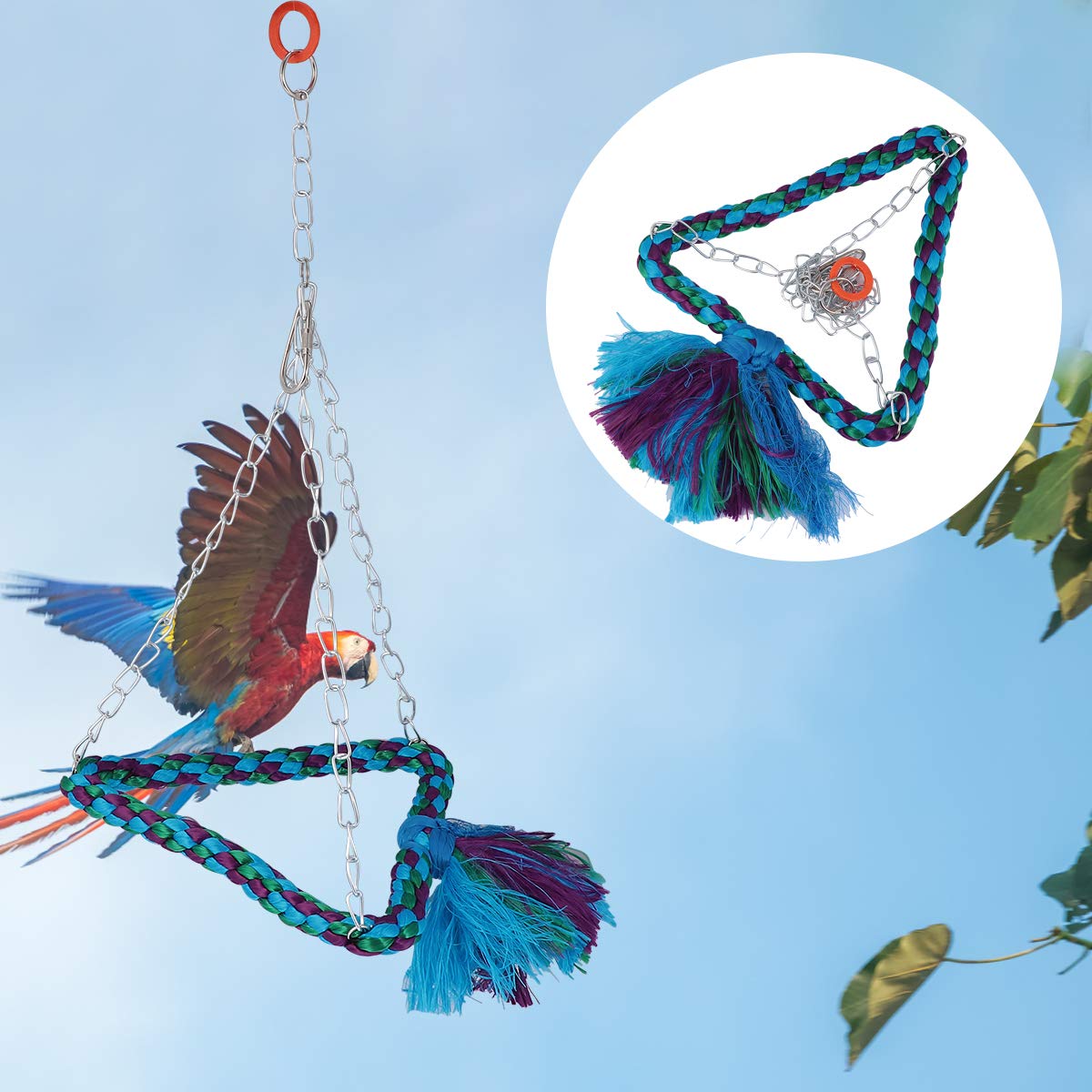 Parrot gnaws on a rope triangle stand bird rope swing parrot toys bird stands for parrot perch stand bird triangle swing hanging parrot perch pet toys hanging toys chew rope
