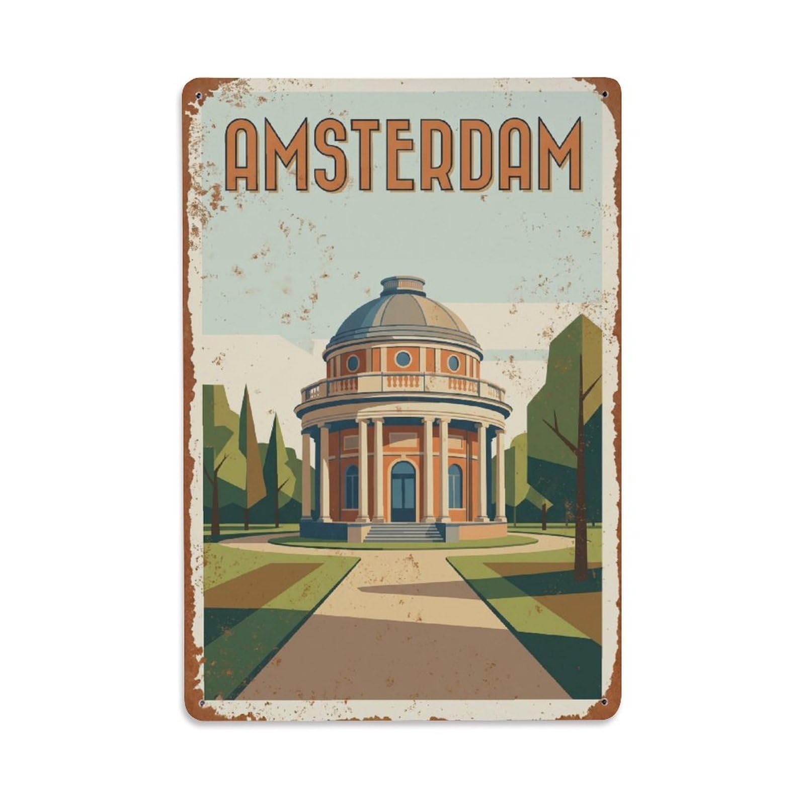 Okngb Style Rotunda Landmark Vintage Architecture Amsterdam Travel Metal Tin Sign Plaque Wall Decor For Cafe, Man Cave, Club Bar, Office, Home Garden Round Metal Poster 8X12inch