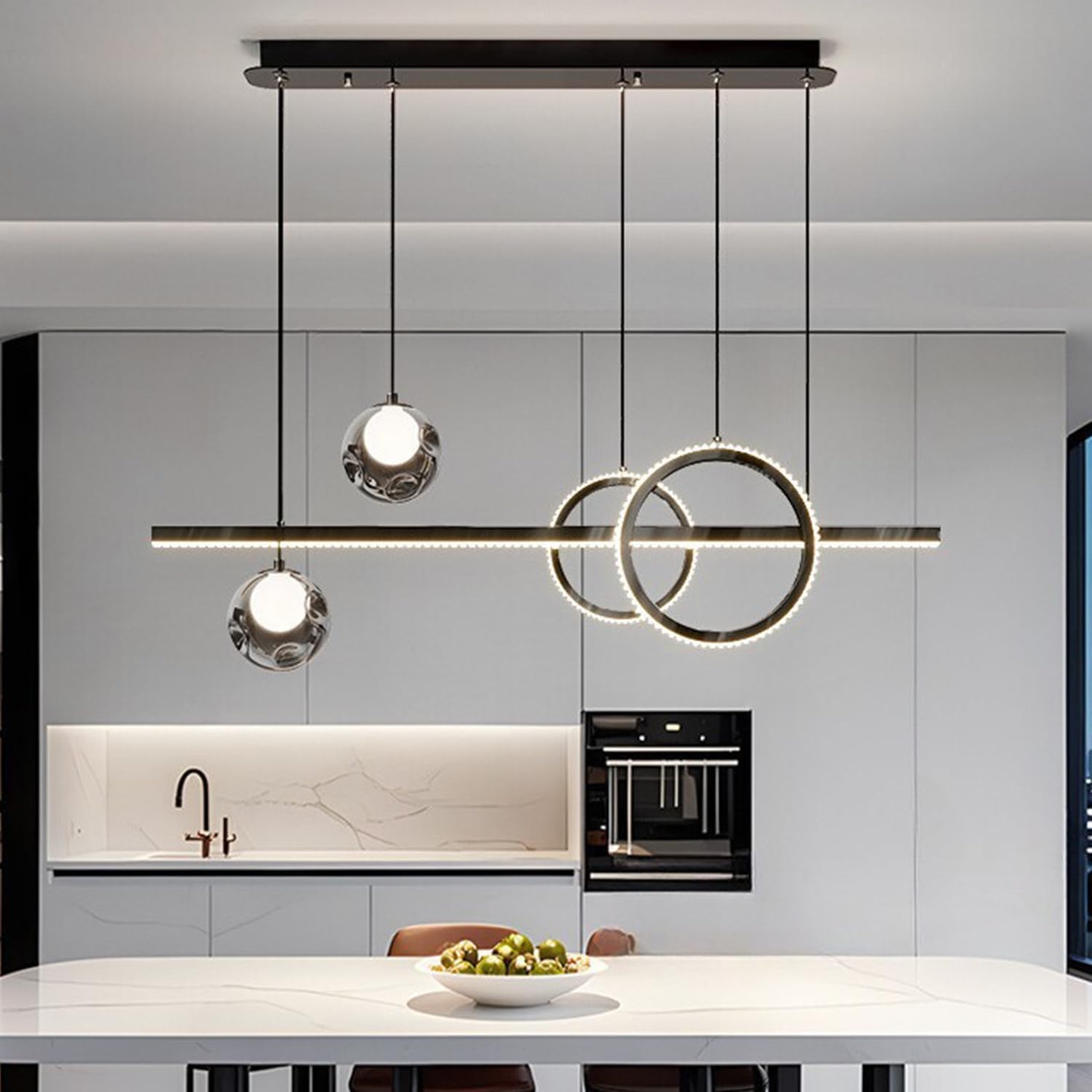 110cm LED Linear Design Pendant Lamp Dining Table Lamp with Remote Control Ceiling Lighting Height Adjustable Lightweight Mountain Water Pendant Lamp for Dining Table Office Living Room Chandelier