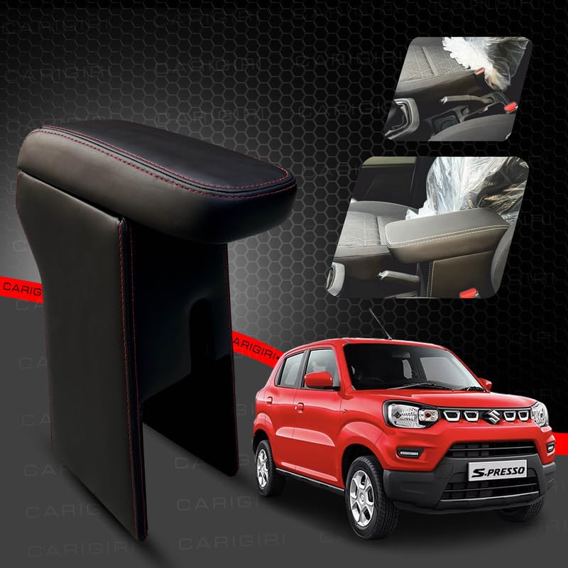 Image of Carigiri Premium Finish Car Armrest with Storage Box And High Density Moulded Foam For Maruti Suzuki S.Presso (Black With Red Double Stitching,Nappa Leatherette)