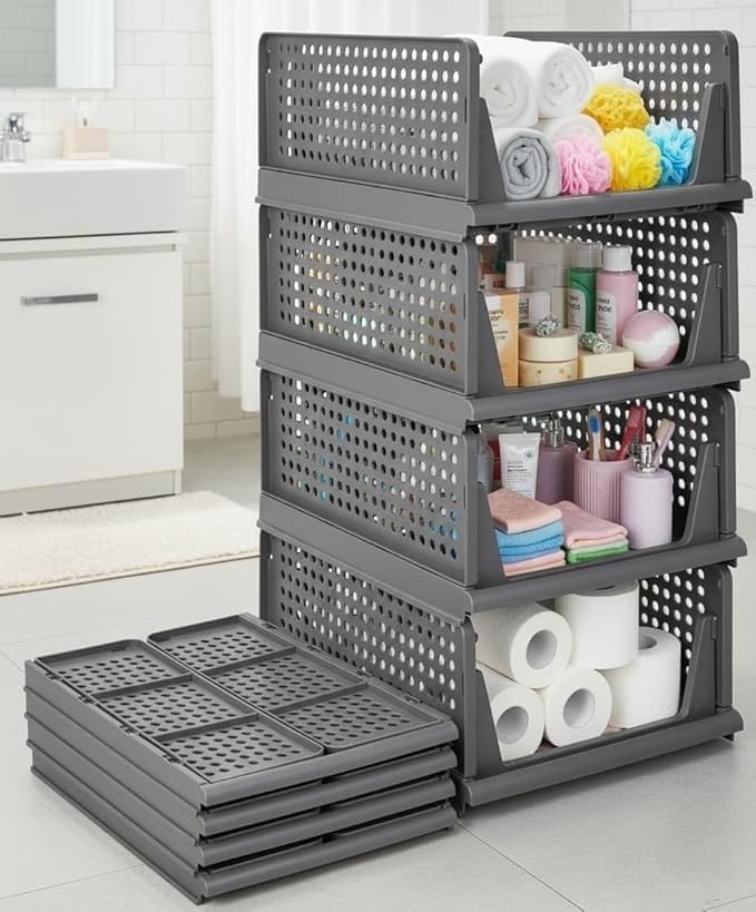 Image of MECHDEL Wardrobe Organizer for Storage /Polypropylene Foldable & Stackable Closet Basket /Cupboard Organizer for Clothes /Mounted Closet Systems (FOLDABLE BASKET-GREY, 5PCS)