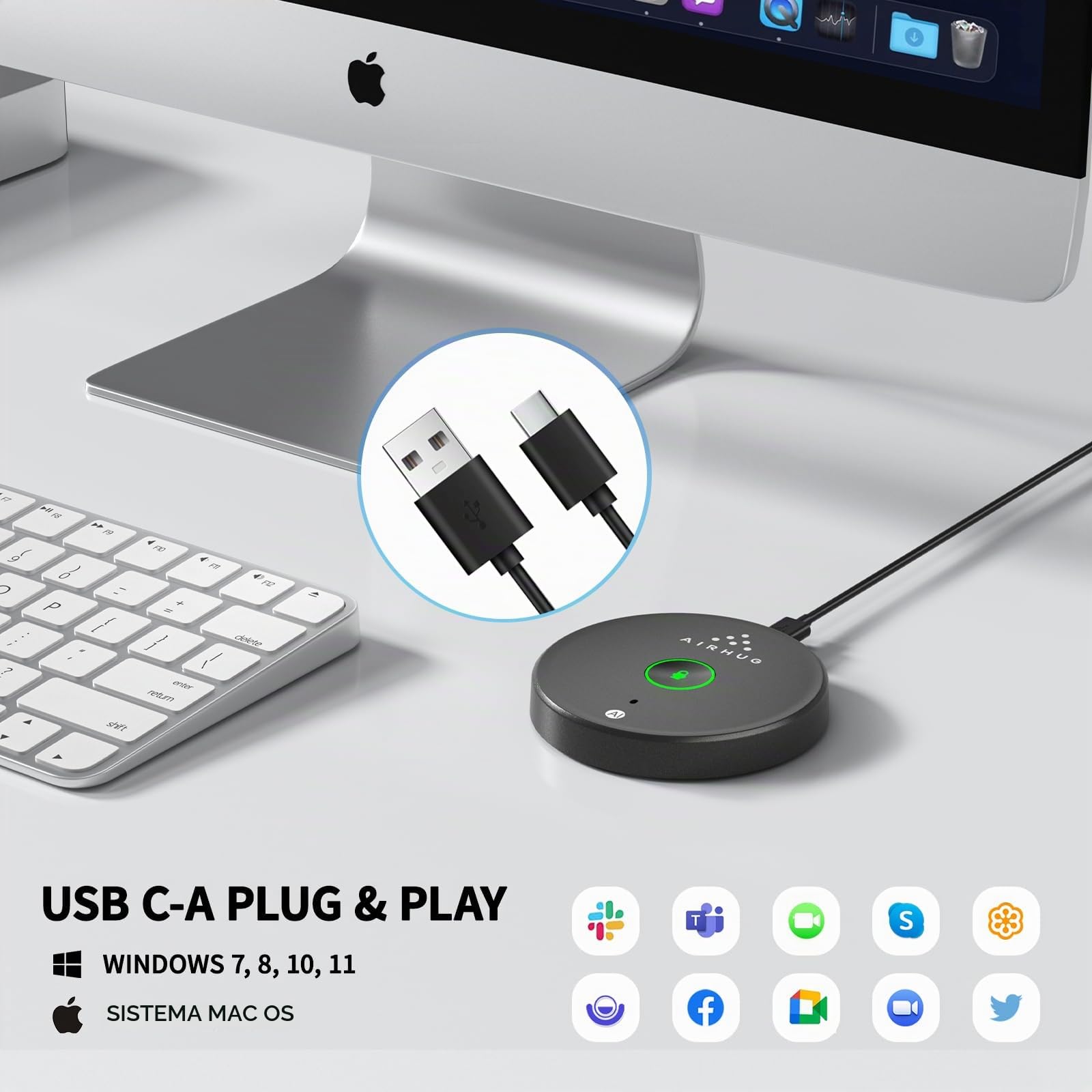 AIRHUG Micrófono USB Sin Altavoz, Micrófono de Escritorio para Ordenador, Botón de Silencio con Indicador LED, Reducción de Ruido AI, Micrófono Condensador Omnidireccional (Enchufar y Usar) para PC y