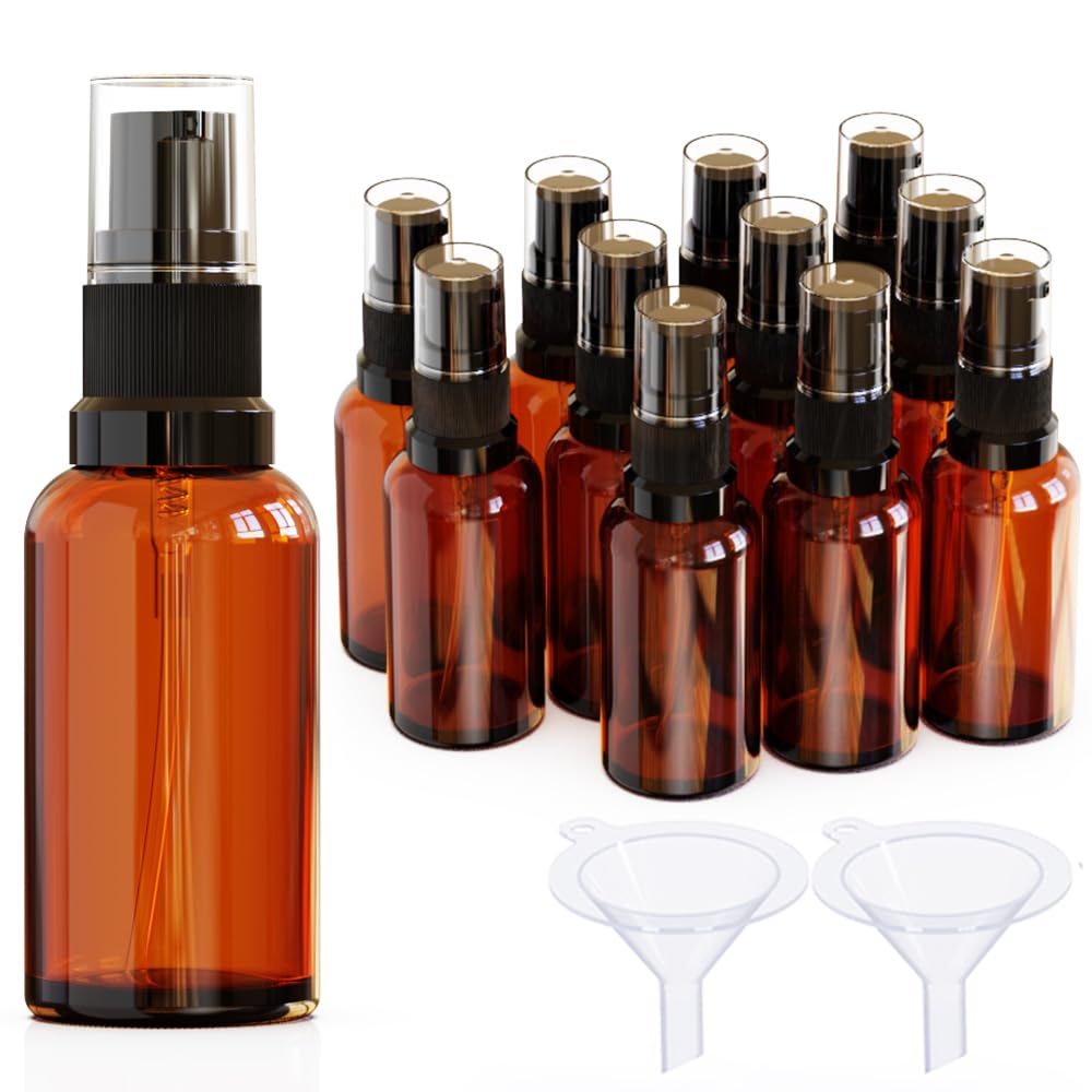 Jagolain 12Pack 1oz Amber Glass Pump Bottles, 30ml with Black Pump, Empty Refillable Travel Small Container For Lotion Cream Essentil Oil Shampoo (1oz