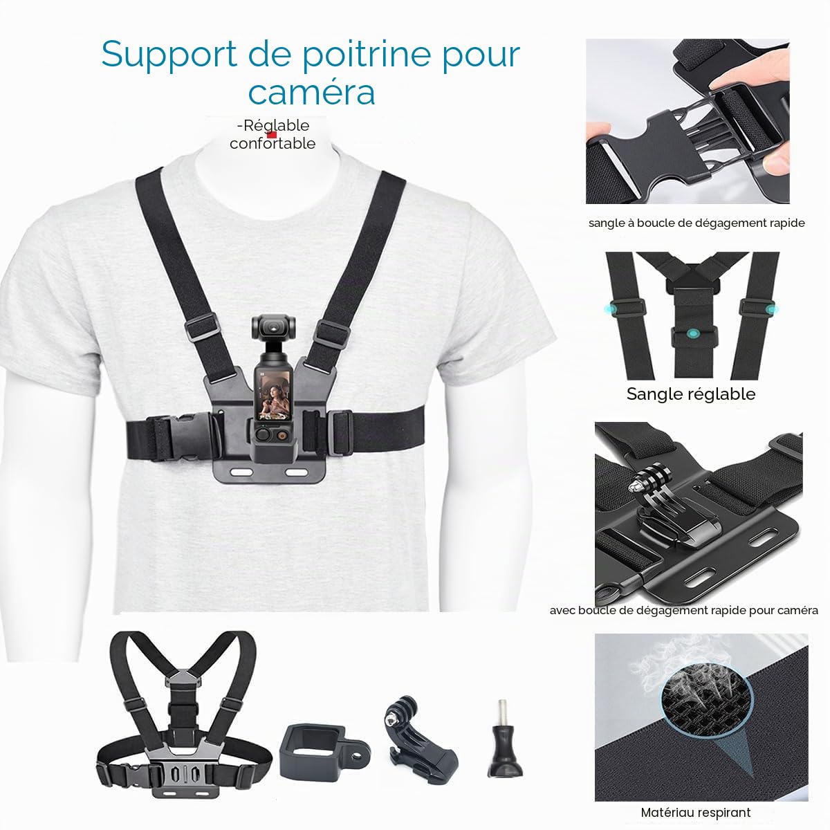 Kit de Montage 4-en-1 Compatible avec DJI Osmo Pocket 3 / Pocket 4 - Harnais de Poitrine, Bandeau de Tête, Clip de Sac à Dos et Bracelet de Poignet, Accessoires de Vlogging POV Mains Libres