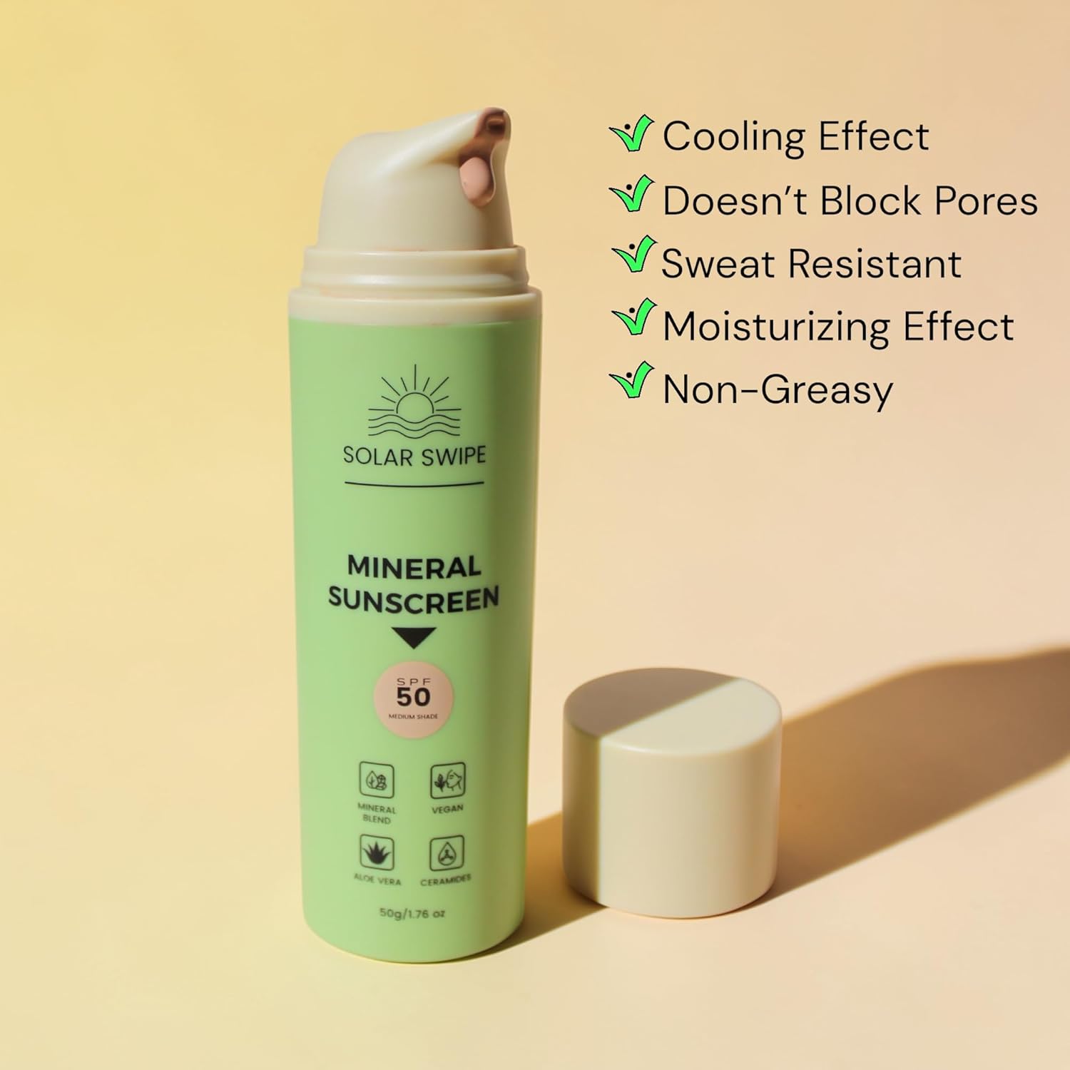 Hydrating Mineral Sunscreen SPF 50, Zinc Oxide & Titanium Dioxide, with Ceramides & H. acid, Aloe Vera & Menthol Cooling, Face & Body, Oxybenzone-Free, All Skin Types1.76 oz (Ivary Pearl)