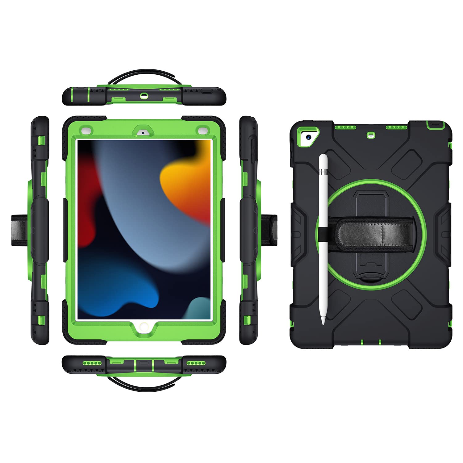 iPad 9.7 2017 2018/Pro9.7/Air2 Generation Case with Screen Protector Pencil Holder Kickstand 360 Rotating Hand Strap Hand Strap Kickstand Robust Protective Case (Green)