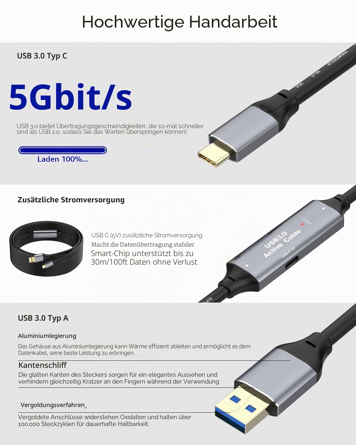 USB 3.0 Verlängerungskabel 15 m, USB-A auf USB-C, 5 Gbit/s, Aktiv | 2 Signalverstärker-Chips, USB-Netzkabel, vergoldete Stecker und doppelte Abschirmung für SSD, Kamera, VR, Drucker und Scanner