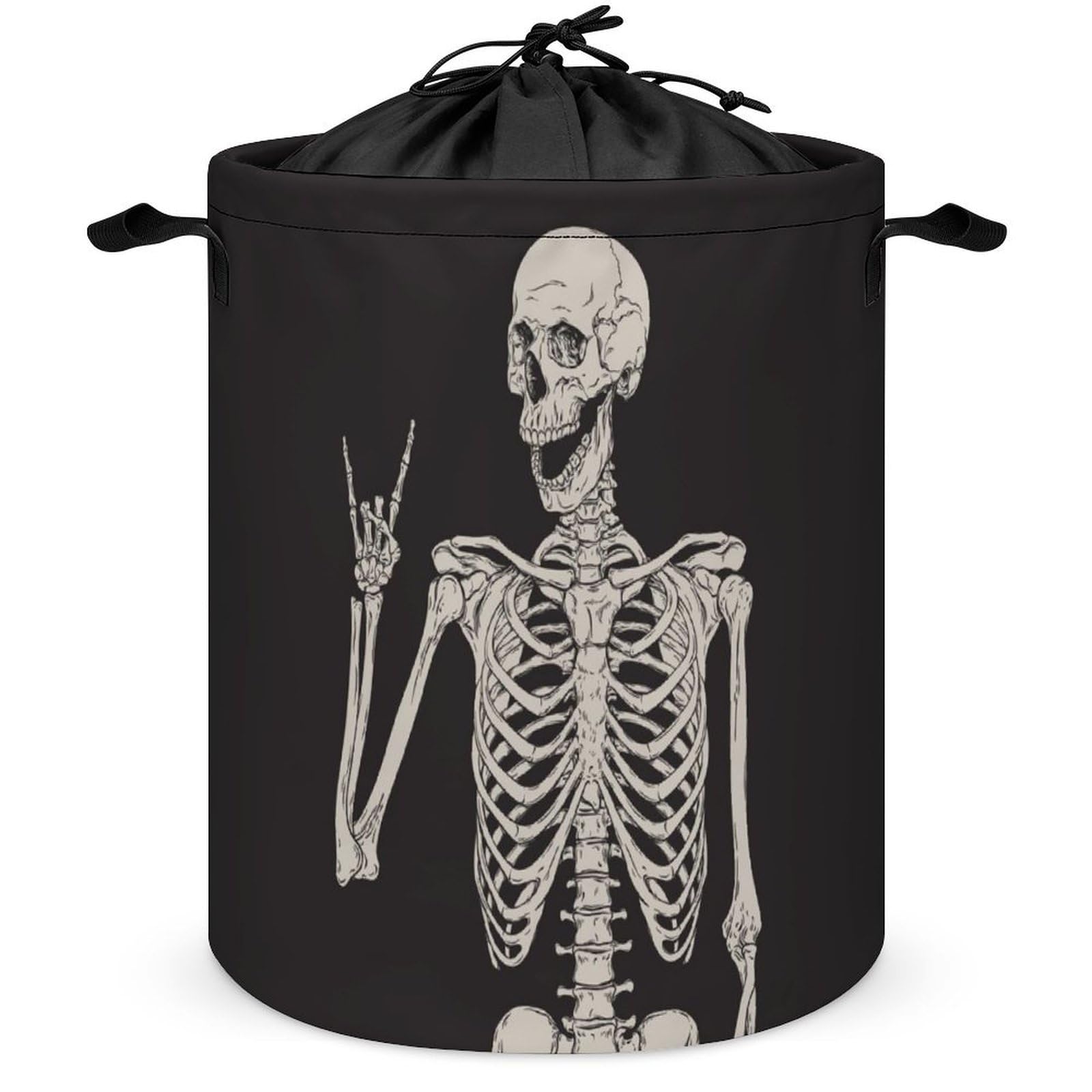 Qjjinxior Drawstring Laundry Hamper, Rock And Roll Skeleton Skull Laundry Basket, Washing Basket with Handle