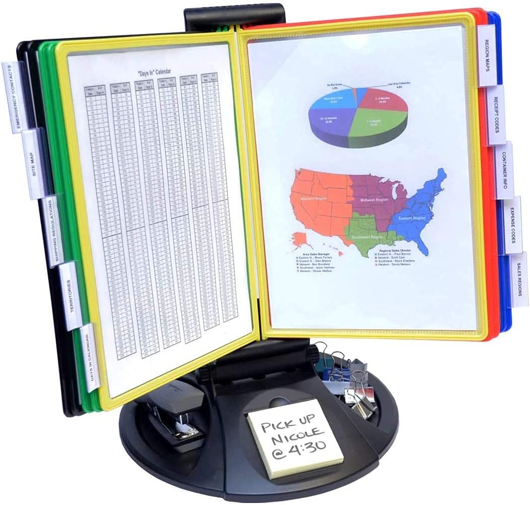 AdjustaView 10-Pocket Desk Reference Organizer with Supplies Storage Base and EZ-Load Pockets to Hold 20 Sheets of Paper, Includes Fast Find Indexing Tabs (Colored Pockets)