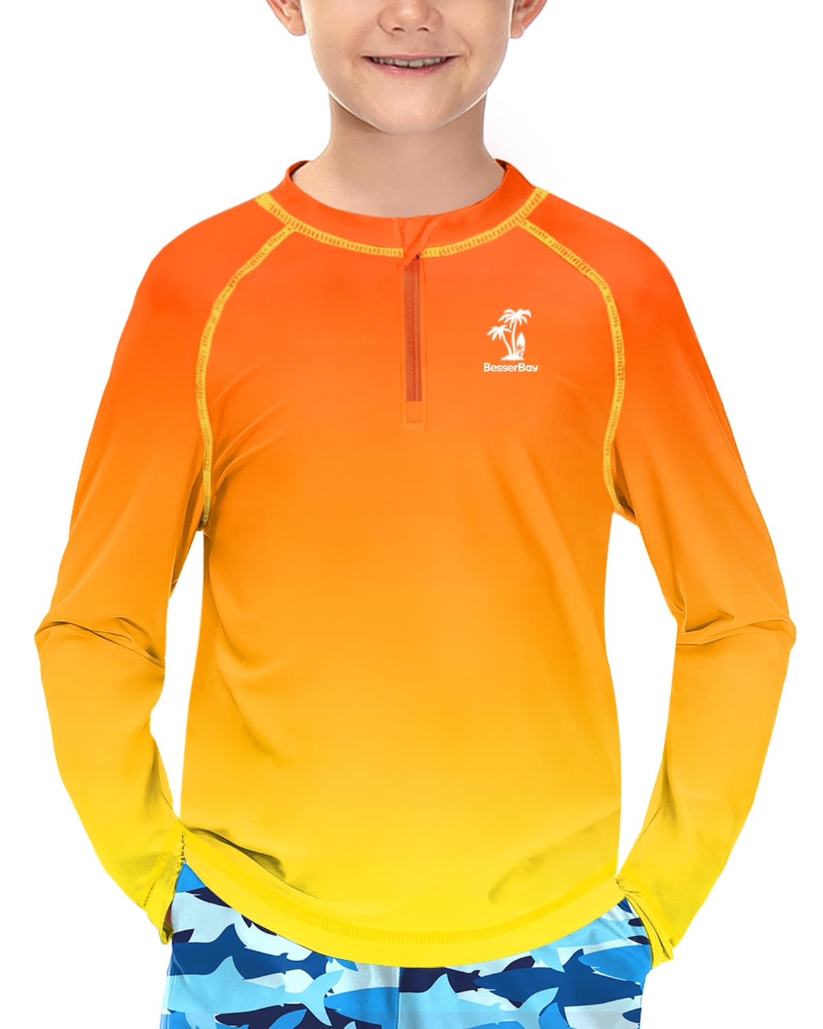 BesserBay Camiseta de natación de manga larga raglán con media cremallera UPF 50+ para niños de 4 a 12 años