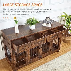 Dog Crate Furniture with 5 Doors, 58" Wooden Dog Kennel End Table with Large Capacity Drawers, Dog House with Openable Divider for Small/Medium/Large Dog,Dog Cage,Side End Table (Rustic Brown) Dog Crate Furniture with 5 Doors 58 Wooden Dog Kennel End Table with Large Capacity Drawers Dog House with Openable Divider for SmallMediumLarge DogDog CageSide End Table Rustic Brown