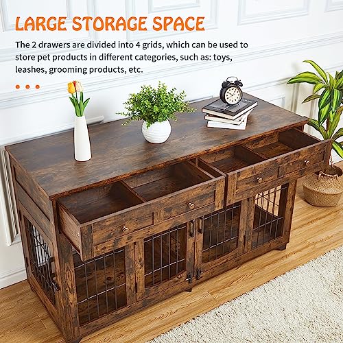 Dog-Crate-Furniture-with-5-Doors-58-Wooden-Dog-Kennel-End-Table-with-Large-Capacity-Drawers-Dog-House-with-Openable-Divider-for-SmallMediumLarge-DogDog-CageSide-End-Table-Rustic-Brown Dog Crate Furniture with 5 Doors 58 Wooden Dog Kennel End Table with Large Capacity Drawers Dog House with Openable Divider for SmallMediumLarge DogDog CageSide End Table Rustic Brown
