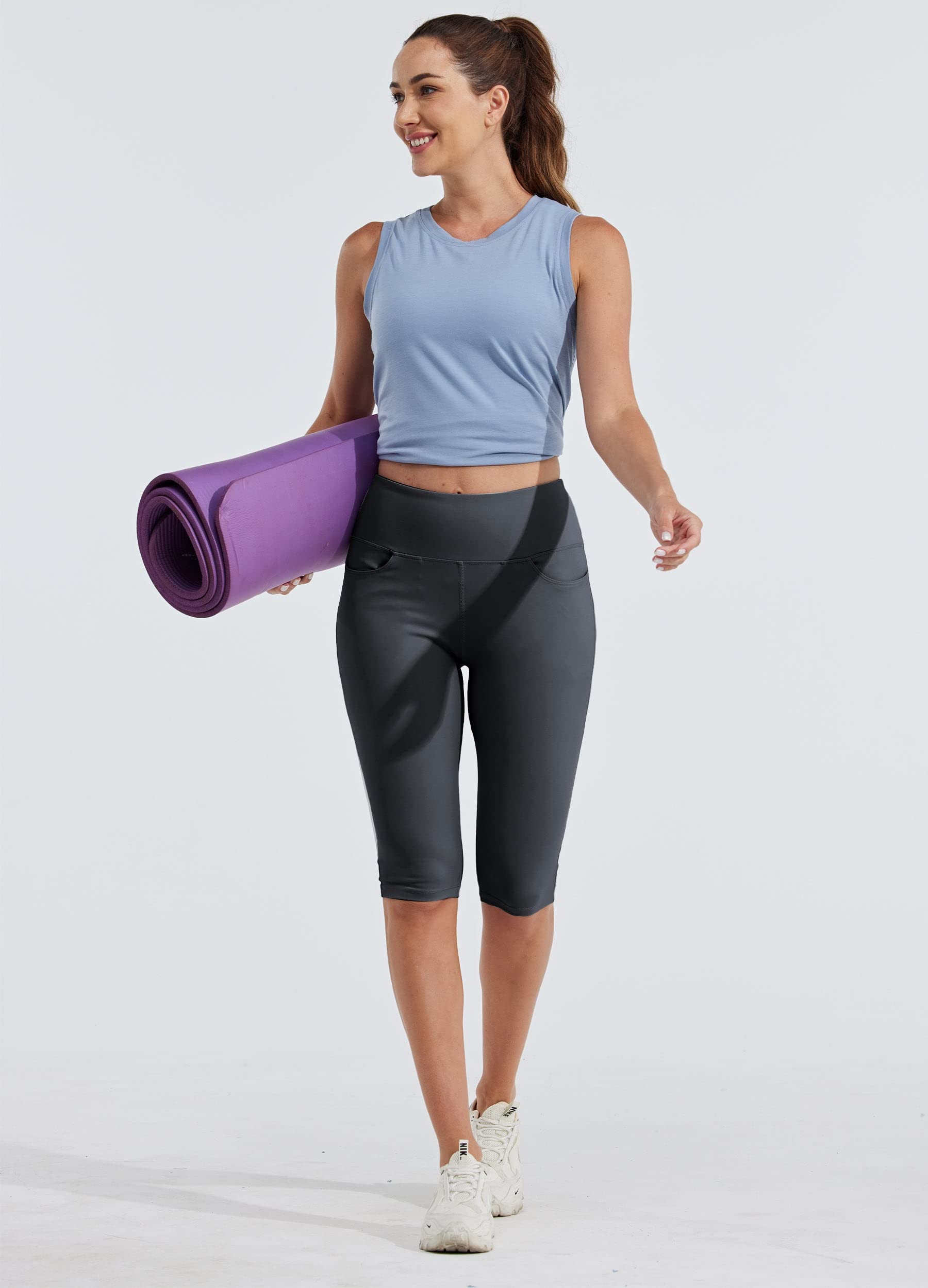 WILLIT Damskie legginsy do kolan Capri z kieszeniami, wysoka talia, spodnie Capris, na lato, do jogi