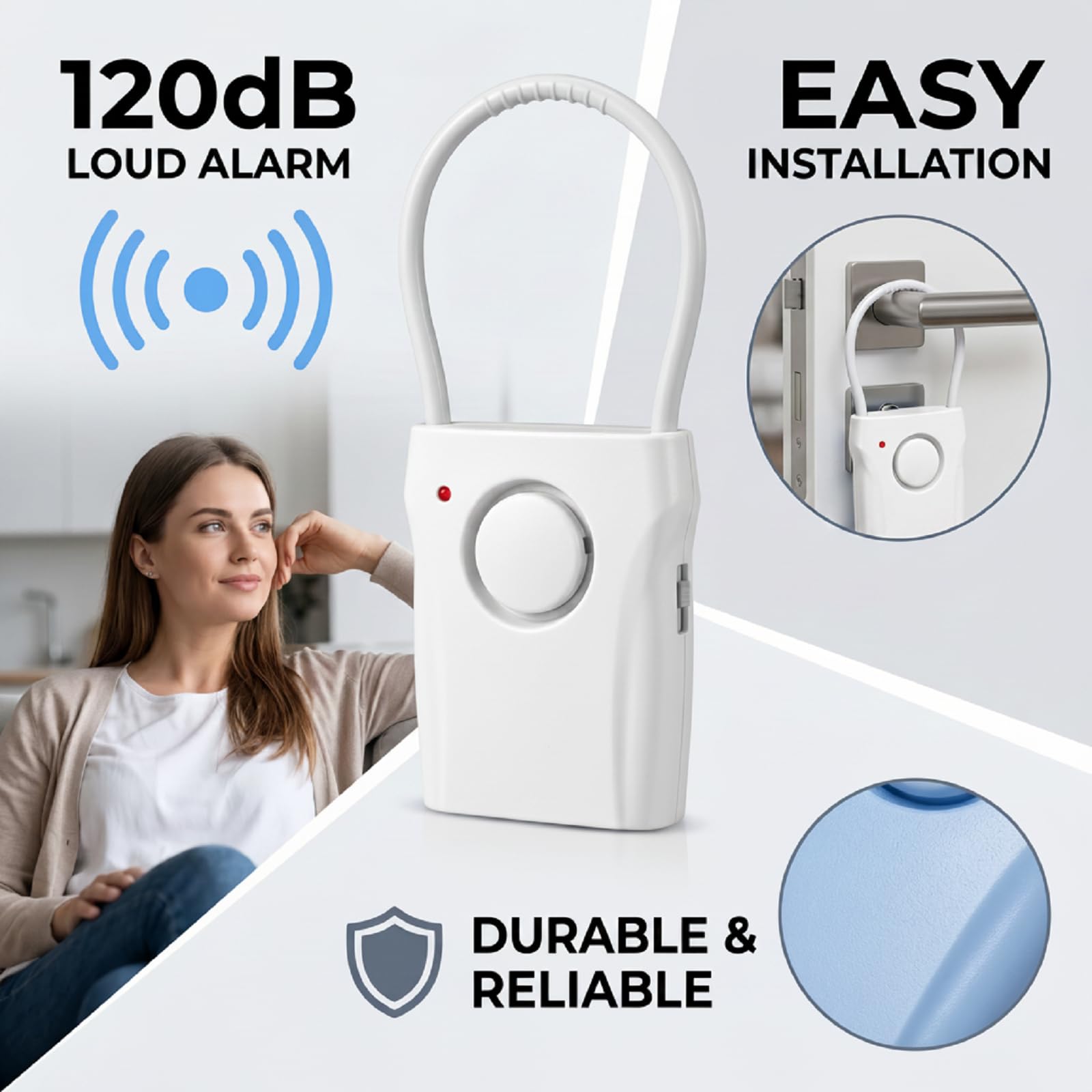 Confezione da 4 allarmi portatili per maniglia della porta, allarme di sicurezza a vibrazione da 120 dB con 3 livelli di sensibilità regolabili, allarme antifurto per la sicurezza di viaggi, hotel