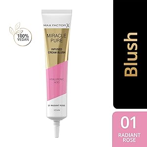Max Factor Miracle Pure Cream Blush 01 Radiant Rose, Moisturising, Plumps & Hydrates, Buildable Glow, Infused with Hyaluronic Acid & Squalene, Fresh & Healthy Looking Skin, 100% Vegan