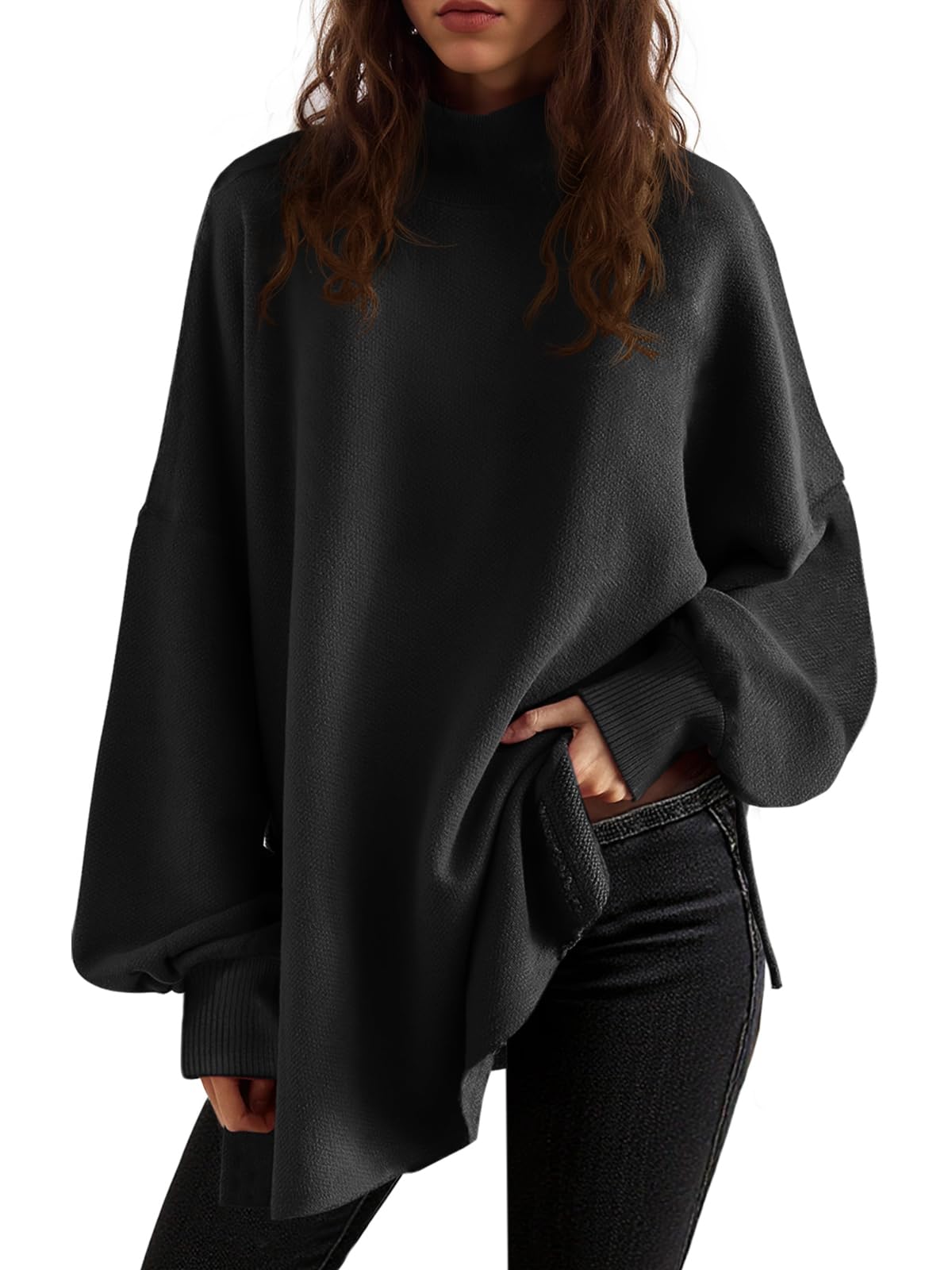 Saodimallsu Womens Turtleneck Oversized Sweaters Puff Sleeve Side Slit Casual Knit Tunic Pullover Tops