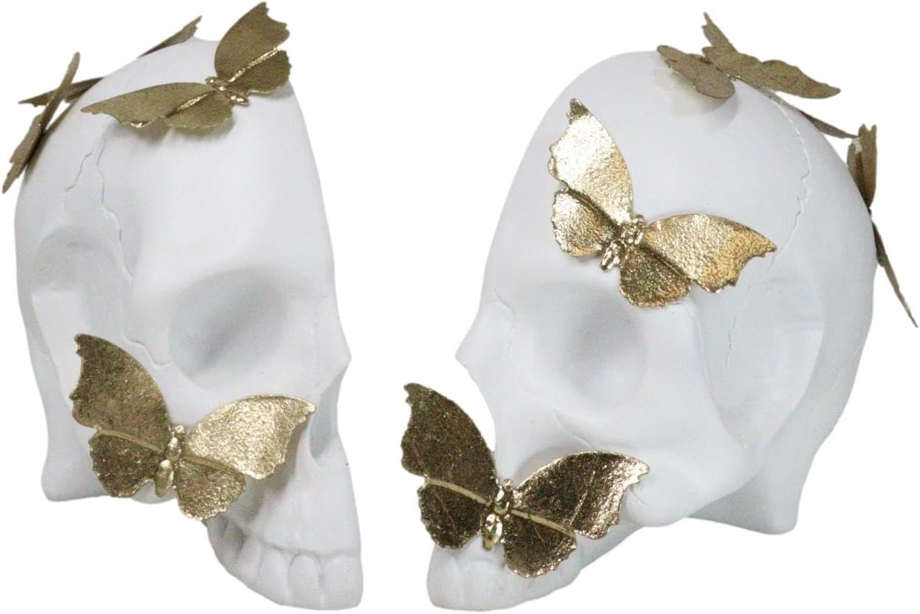 Ebros Gift Ornate Gold Leaf Metamorphosis Butterfly Matte White Skull Halves Bookends Pair Set Desktop Plaque Figurines Ossuary Macabre