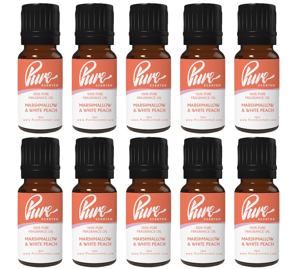 Pure Scented 100ml Fragrance Oils - 10 x 10ml Suitable for Candles, Soaps, Slime, Diffusers, Cosmetics, Wax Melts, Designer (10 x 10ml, Marshmallow & White Peach)
