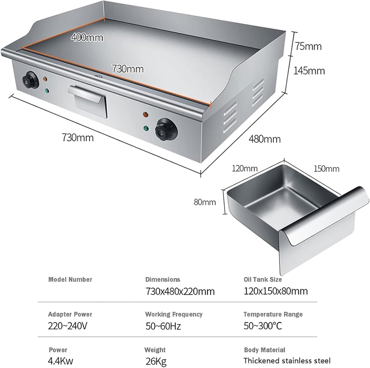 Komercyjny elektryczny grill kuchenny 29 cali, 4400 W, płaski, blatowy, ze stali nierdzewnej, nieprzywierająca powłoka Teppanyaki
