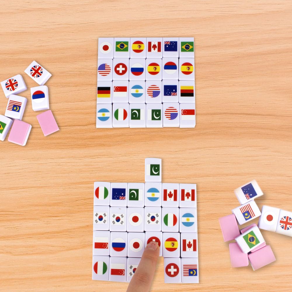 65 Tiles Mahjong Spiel Blöcke, Seaside Escape Spiel, National Flag Mahjong Game Set, Flaggenmuster Mahjong Sets, Mini Mahjong Spiel für Familie Reise Spiel Tabletopspiel Partyspiele