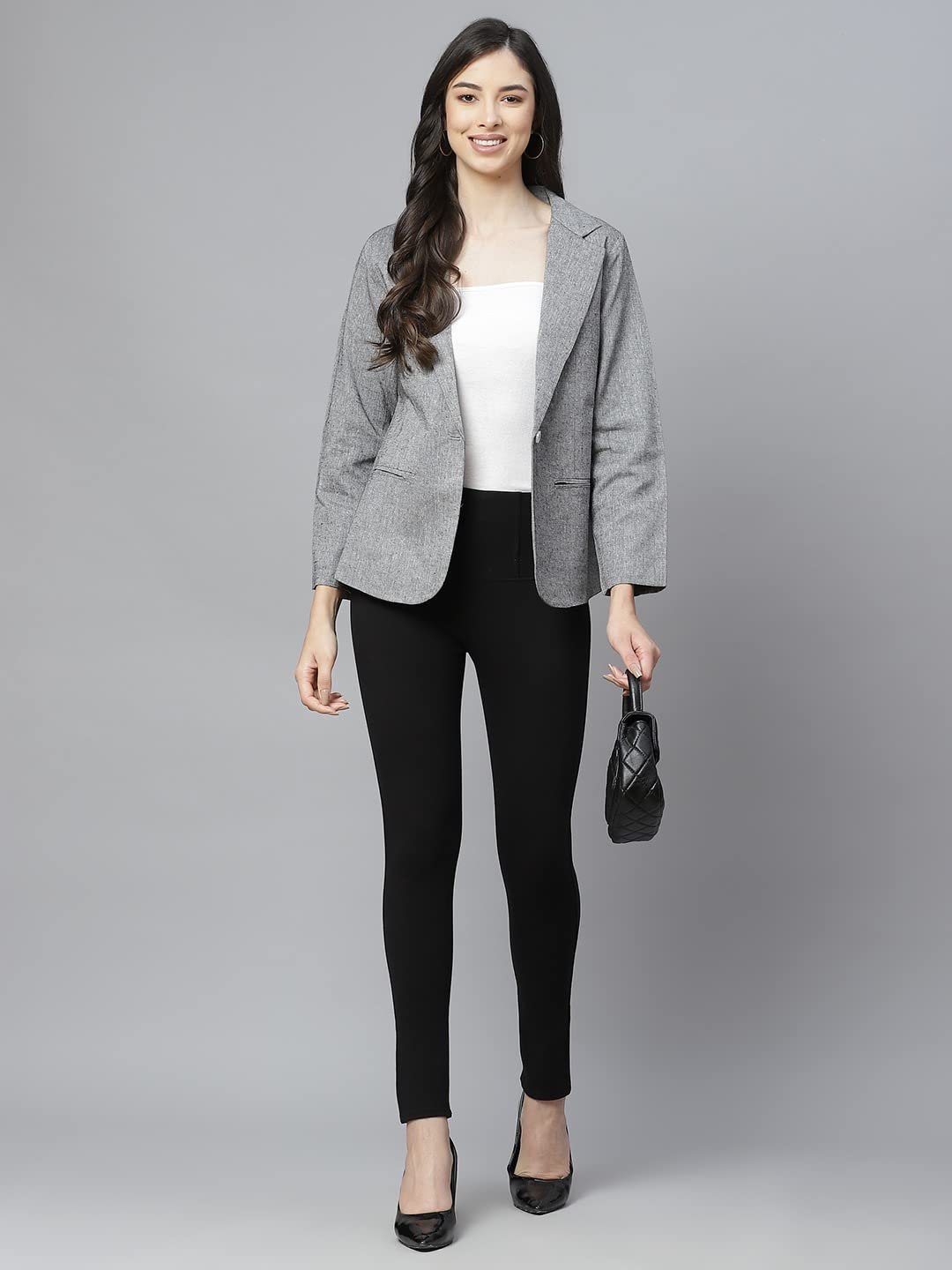 Cottinfab Women Grey Solid Regular Fit Single Breasted Blazer 4