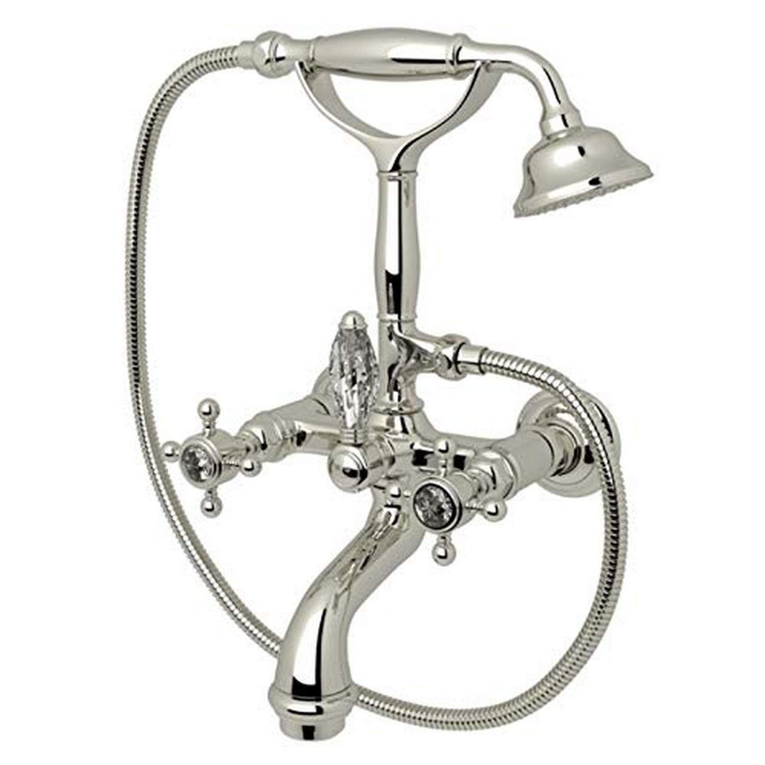 Rohl A2101XCPN Country Bath San Julio Exposed Wall Mounted Tub Shower Mixer with Handshower and Crystal Cross Handles, Polished Nickel