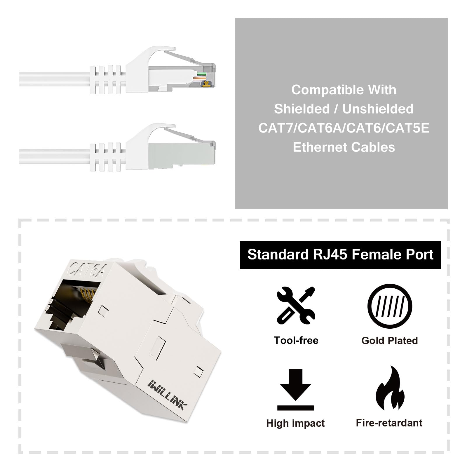 iwillink Lot de 10 coupleurs RJ45 Keystone blindés Cat6A 10 Gbit/s, coupleur Ethernet en alliage de zinc, femelle vers femelle Cat6a Keystone, argenté