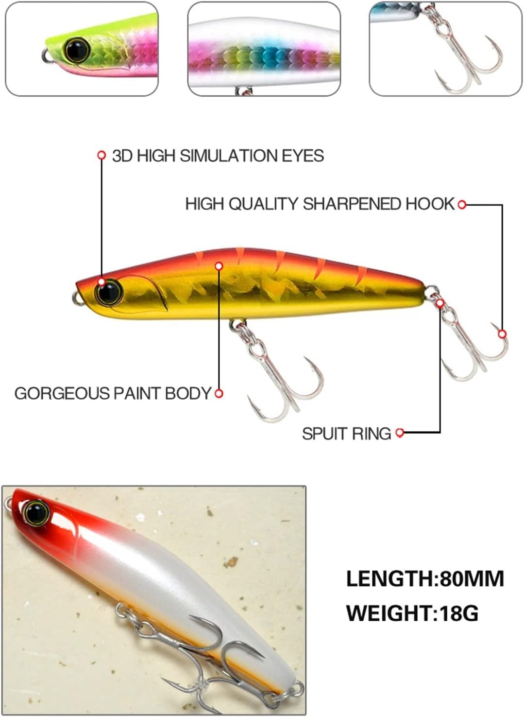 5Pcs 80mm/18g Fishing Lures Wobblers Sinking Pencil Lure Artificial VIB Hard Bait 3D Eyes Treble Hook Seawater Jerkbait Pike Fishing Tackle