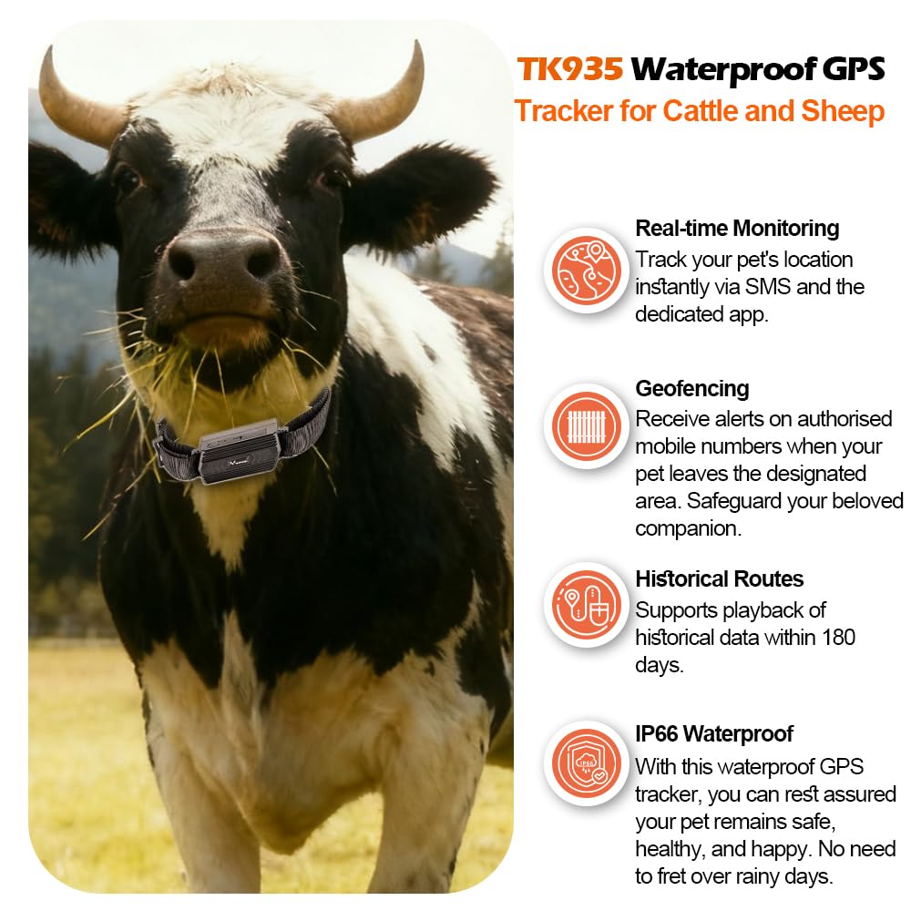 4G GPS Tracker für Rinder, Echtzeit Tracking, 3000 mAh, Anti Verlust GPS Halsband, Geofence, 180 Tage historische Bewegungsdaten, für Rinder, Schafe, Pferde, Kamele für die Farmverwaltung TK935
