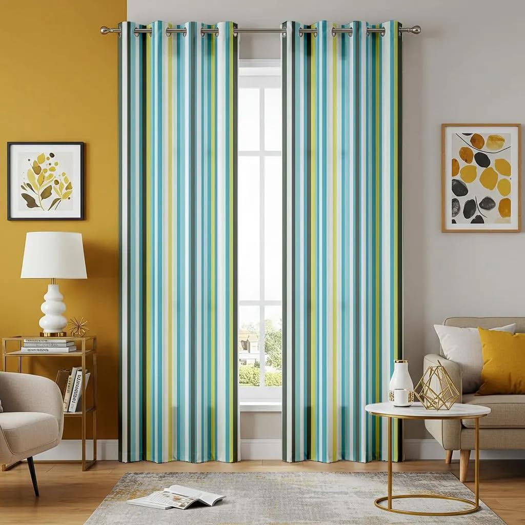 Rideaux à rayures verticales bleu sarcelle jaune en lot de 2 panneaux de 130x215cm