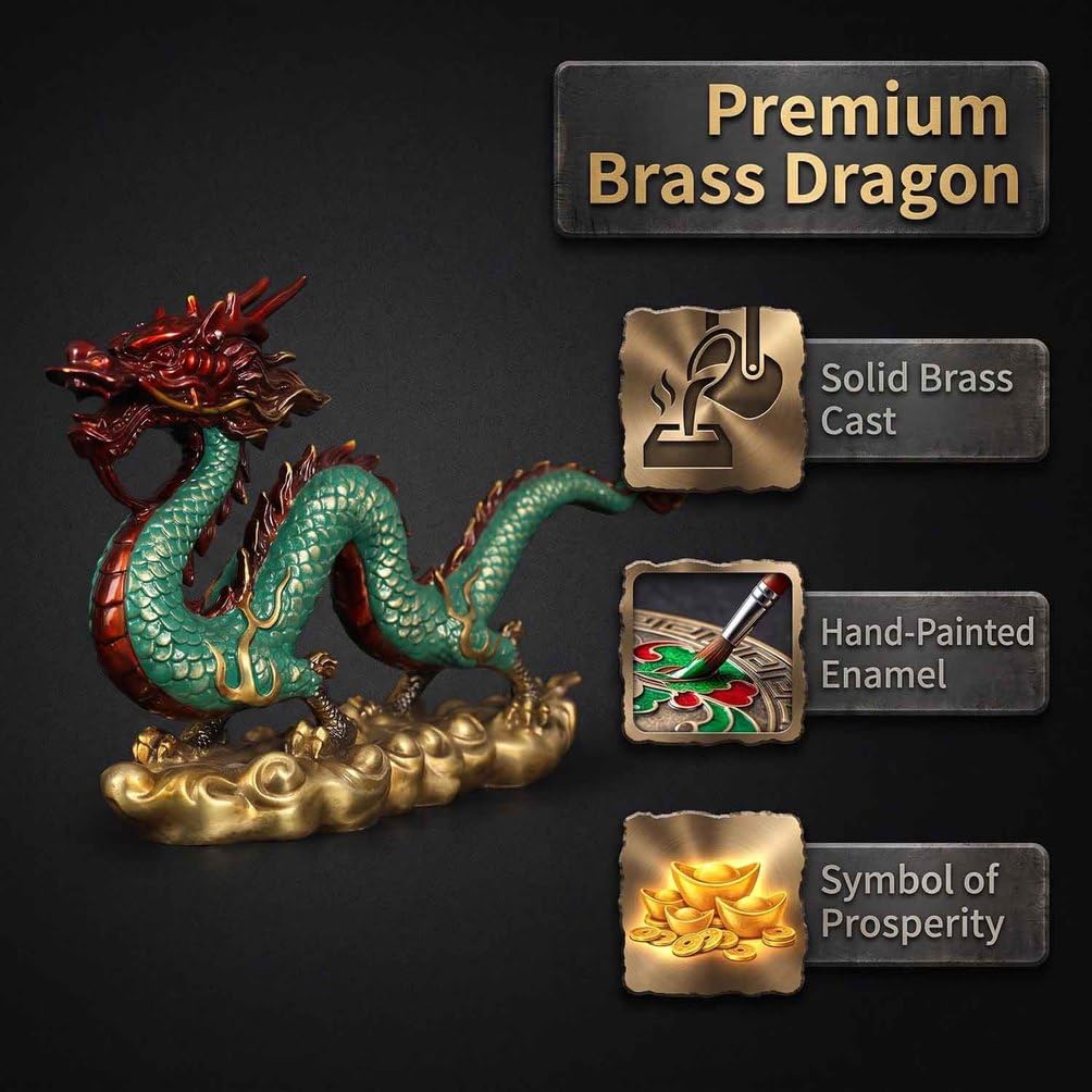 Pure Copper Chinese Dragon Statue,Hand Painted Dragon Feng Shui Sculpture,S