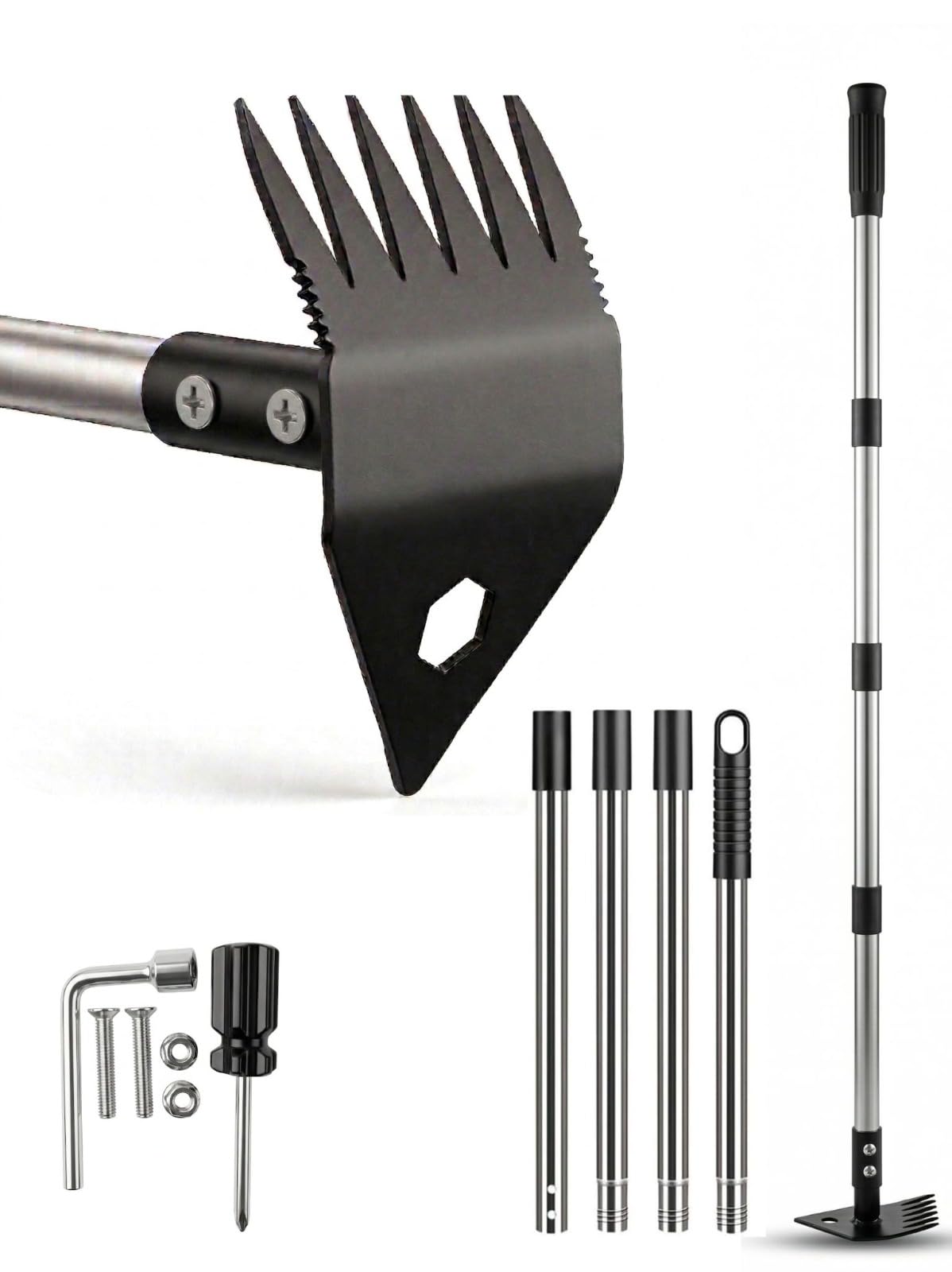2 in 1 Weed Puller Tool with 150cm Adjustable Long Handle, Stainless Steel Weeding Rake & Garden Hoe | Weed Remover Tool for Lawn, Patio, Driveway & Garden, Removes Dandelions, Thistles & Deep Roots
