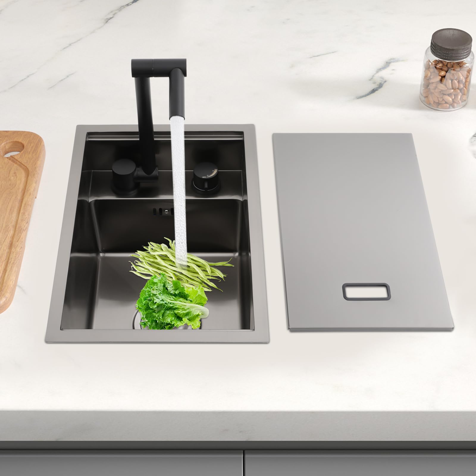 Lave-linge en acier inoxydable gris avec couvercle, évier de cuisine caché, robinet chaud et froid pliable à 360°, évier simple 45 x 30 x 23 cm, pour usage domestique et cuisine commerciale