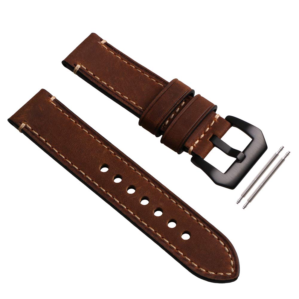 ZIJIA 22mm Vintage Genuine Leather Replacement Brown Watch Strap Band With Black Buckle