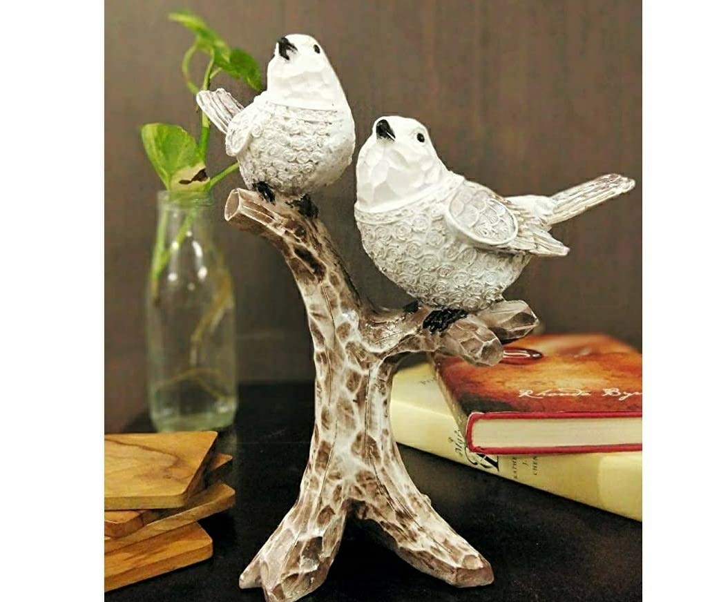 zart 2 Birds Sitting On Tree Branch Figurine Home Decoration Showpiece Chidiya Statue for Home Decor Item Sparrow Pair Showpiece (White)