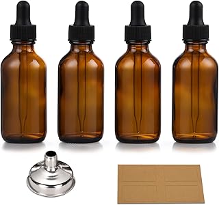 AOZITA Set of 4, 1 oz Eye Dropper Bottles with 1 Stainless Steel Funnels & 4 Labels - 30ml Thick Dark Amber Glass Tincture Bottles - Leakproof Essential Oils Bottle for Storage and Travel
