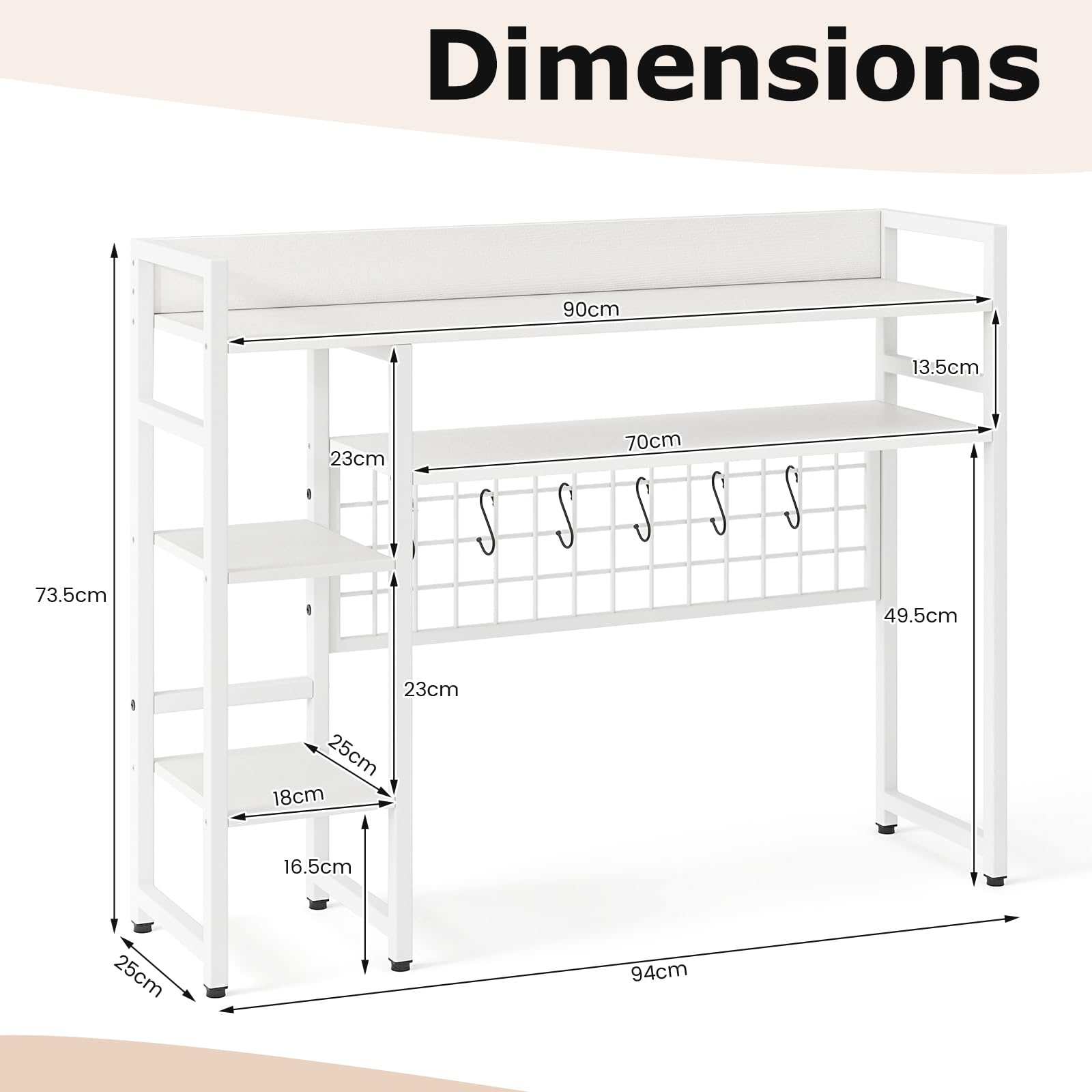 GIANTEX Estantería de Escritorio con 4 Estantes Abiertos, Organizador Sobremesa con Rejilla de Metal y 6 Ganchos Extraíbles, 94x25x73,5cm, Almacenamiento para Libros, Plantas, Comésticos (Blanco)