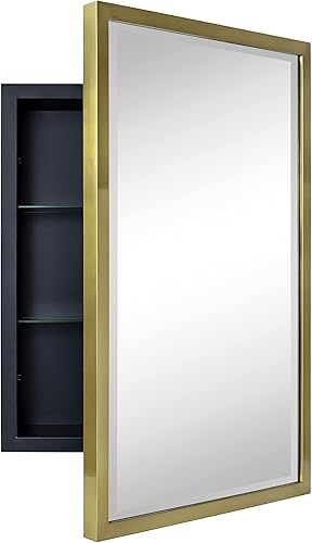 Miniatura 3 de TEHOME Botiquín empotrado de metal dorado con espejo rectangular inclinable biselado para pared de 16 x 24 pulgadas