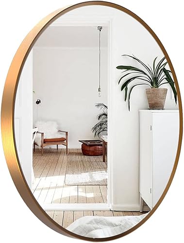 Aloni Espejo de baño, espejo de pared de cobre, redondo con marco de metal, espejo decorativo para baños, baños, entradas, espejo de tocador