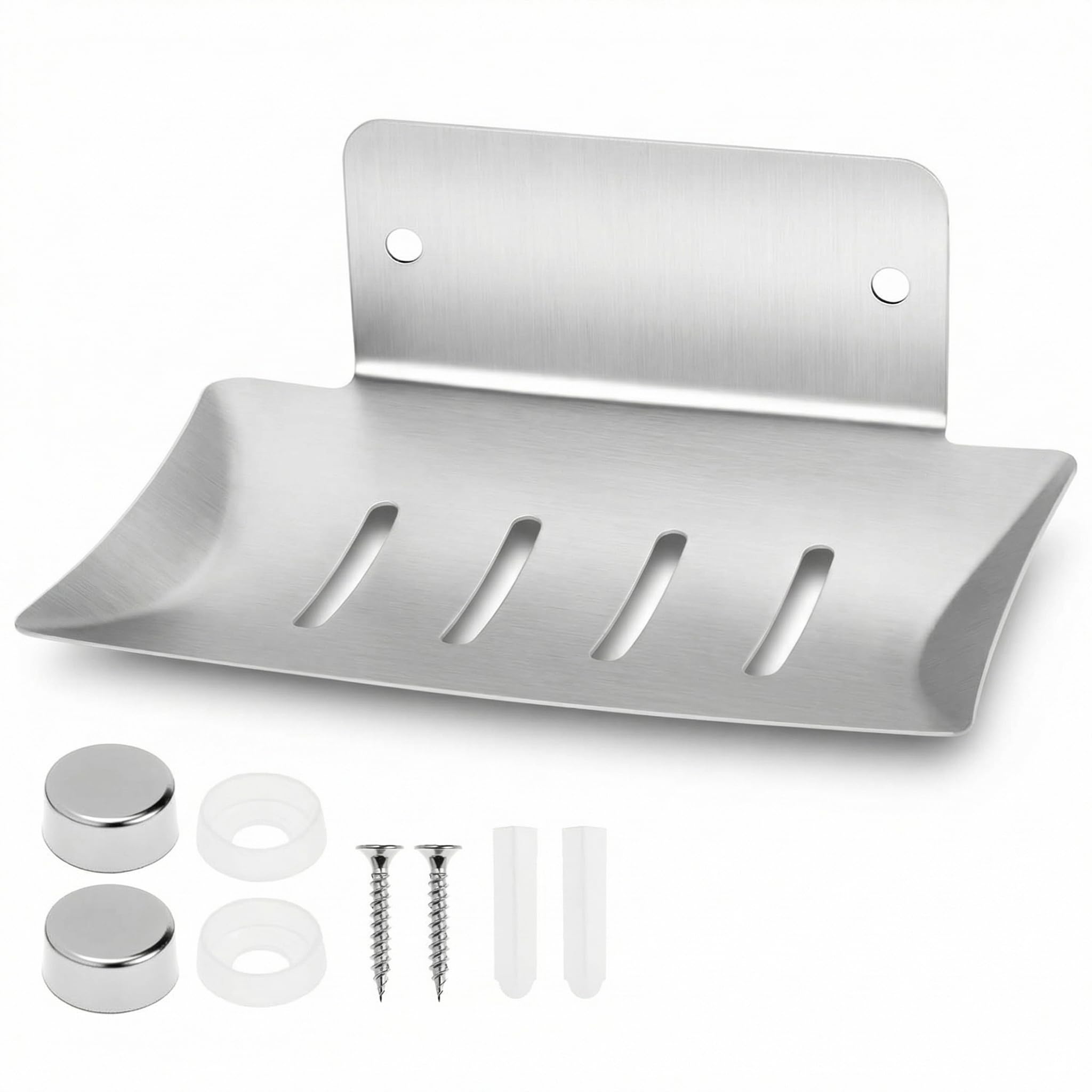 QWORK® 304 Stainless Steel Soap Dish Tray with Drain Hole Design - Rustproof Shower Soap Holder Sink Sponge Holder - Brushed Silver