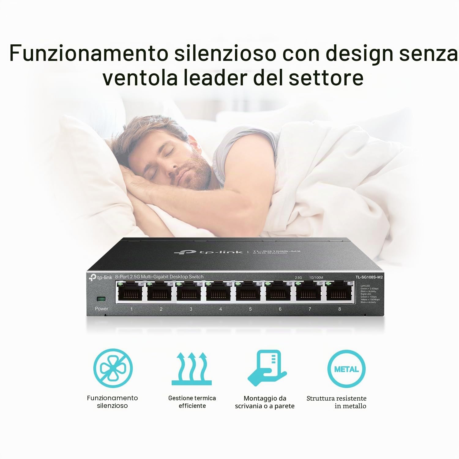 TP-Link TL-SG108S-M2 | Switch di rete non gestito a 8 porte 2.5G Multi-Gigabit, Splitter Ethernet | Larghezza di banda 2.5G | Plug & Play | Montaggio computer/Parete | Design in metallo senza