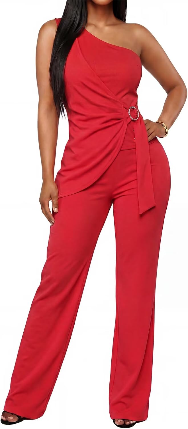 kaimimei Womens Pantsuits Casual One Shoulder Sleeveless Belted Waist Formal 2 Piece Party Suit Set with Pockets