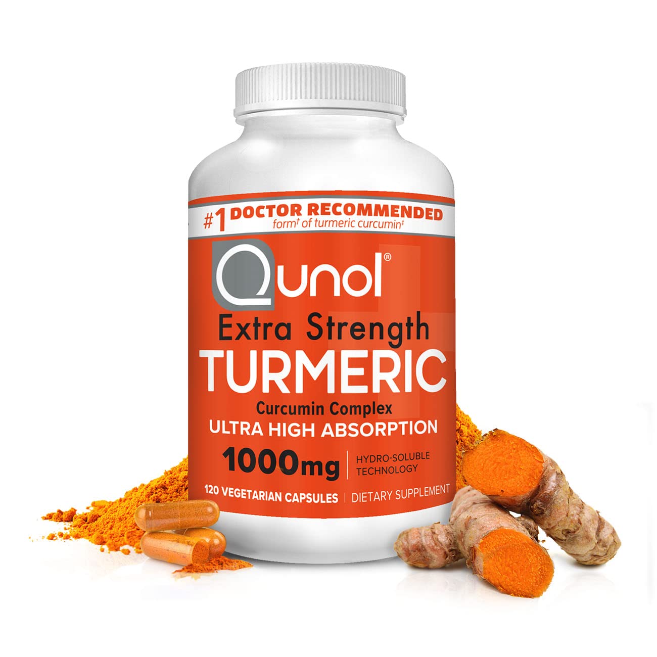 Turmeric Curcumin Capsules, 40x Better Absorption, Qunol 1000mg Extra Strength Supplement, Patented Hydro-Soluble Technology, Alternative to Turmeric Curcumin with Black Pepper, 120 Veggie Capsules