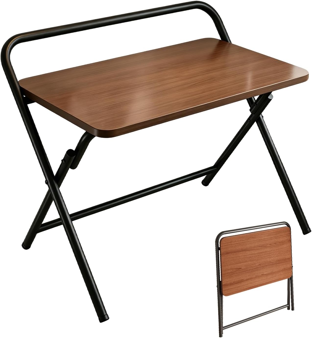 Folding Table, Small Computer Desk, Foldable Desk for Bedroom, Mini Desk for Home Office&Study, 24x16 Inches, No Assembly Required, Wood Top with Mental Frame, Dark Brown