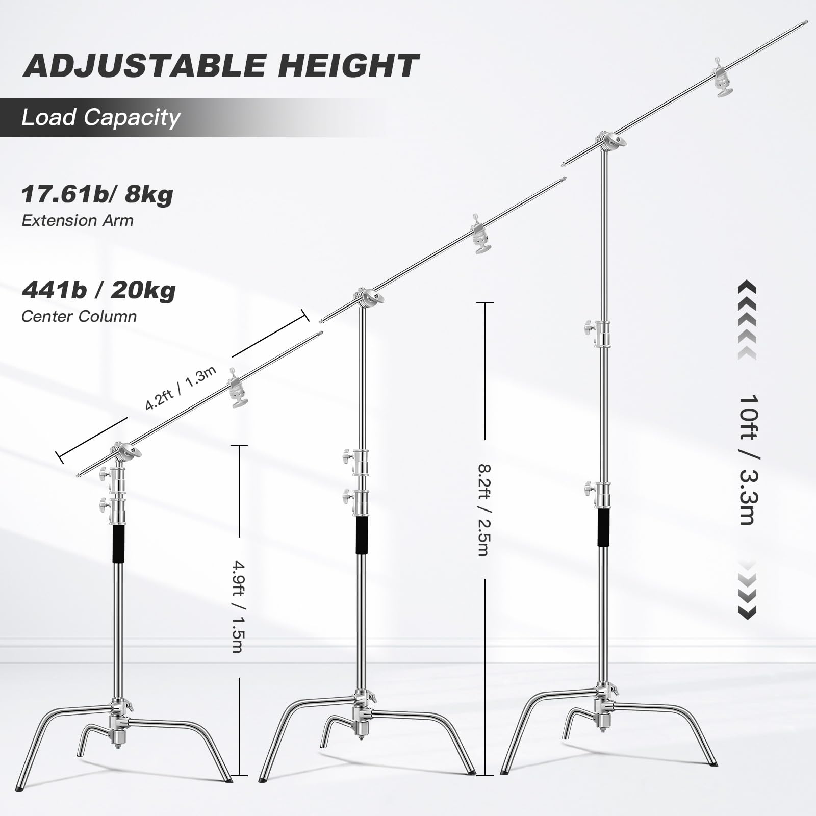 Soonpho 2-Pack C Stand Set 100% Acciaio Inossidabile Heavy Duty Supporto a C Argento Fotografia Light Stand 330cm Regolabile Supporto Luce per Godox AD200 Pro SK400II Aputure 120D