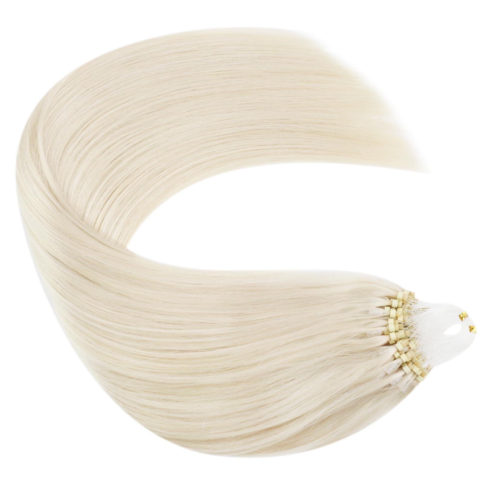 Ugeat Dopinki z mikro-ringami, prawdziwe włosy, blond, 45 cm, platynowy blond, gładkie, mikro-przedłużanie włosów, blond, miękki, mikro-ringi, dla kobiet, 50 g, 50 pasemek, 60 A