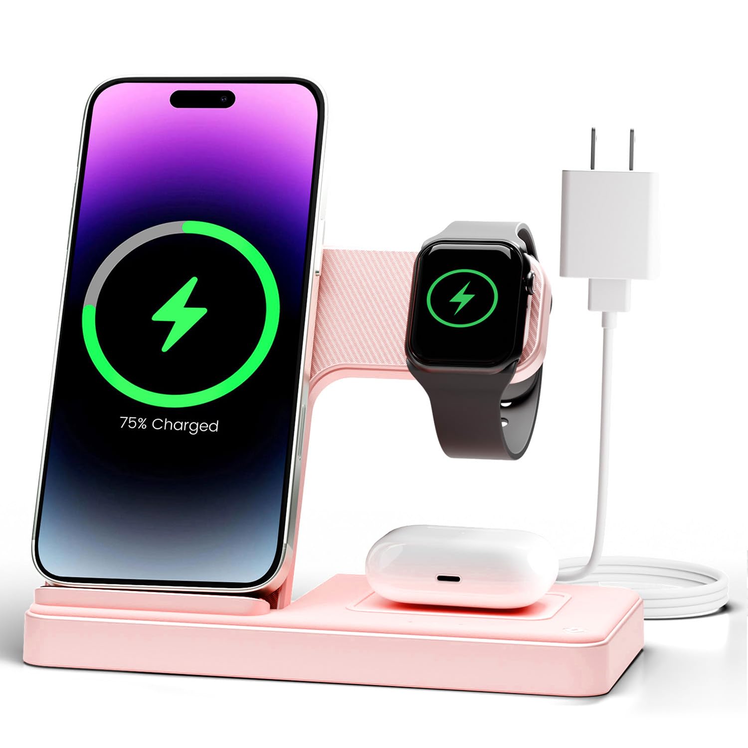 Wireless Charger Stand Charging Station: 3 in 1 Charger Stand Multiple Devices for Apple - iPhone 17 16e 16 15 14 Pro Max 13 12 11 - Watch 10 9 8 7 6 5 4 3 2 SE and Ultra Series-Airpods 4 3 Pro, Pink